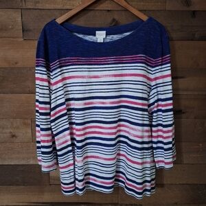 Weekends By Chico's Striped 3/4 Sleeve Top SZ 3 (XL/16)
